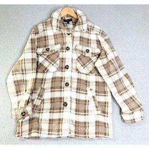 Love Tree Women's Large Beige & White Plaid Faux Fur Button-Up Shacket‎ Pockets